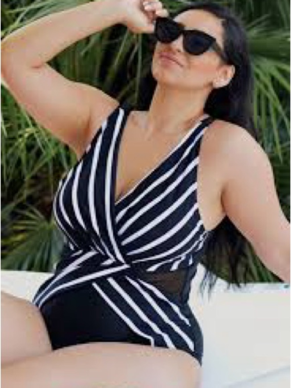 Black & White Striped One-Piece Swimsuit - Classic Wrap Style